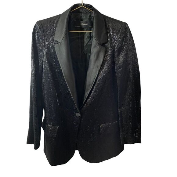 Zara Basic Shiny Effect Blazer Black Size Small - Picture 2 of 13